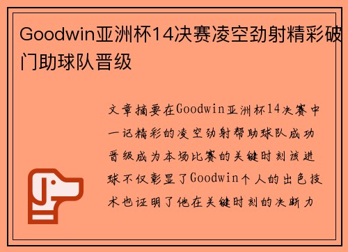 Goodwin亚洲杯14决赛凌空劲射精彩破门助球队晋级