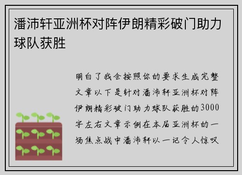 潘沛轩亚洲杯对阵伊朗精彩破门助力球队获胜